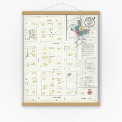Old map wall art mockup — magnetic wood frame on white wall — Sanborn Fire Insurance Map from Windom, Cottonwood County, Minnesota (1907) - Complete Map Set