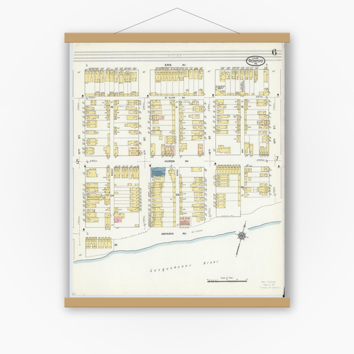 Old map wall art mockup — magnetic wood frame on white wall — Sanborn Fire Insurance Map from Renovo, Clinton County, Pennsylvania (1911), Sheet #0006
