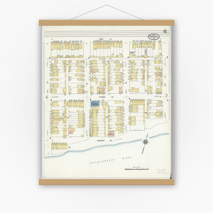 Old map wall art mockup — magnetic wood frame on white wall — Sanborn Fire Insurance Map from Renovo, Clinton County, Pennsylvania (1911), Sheet #0006