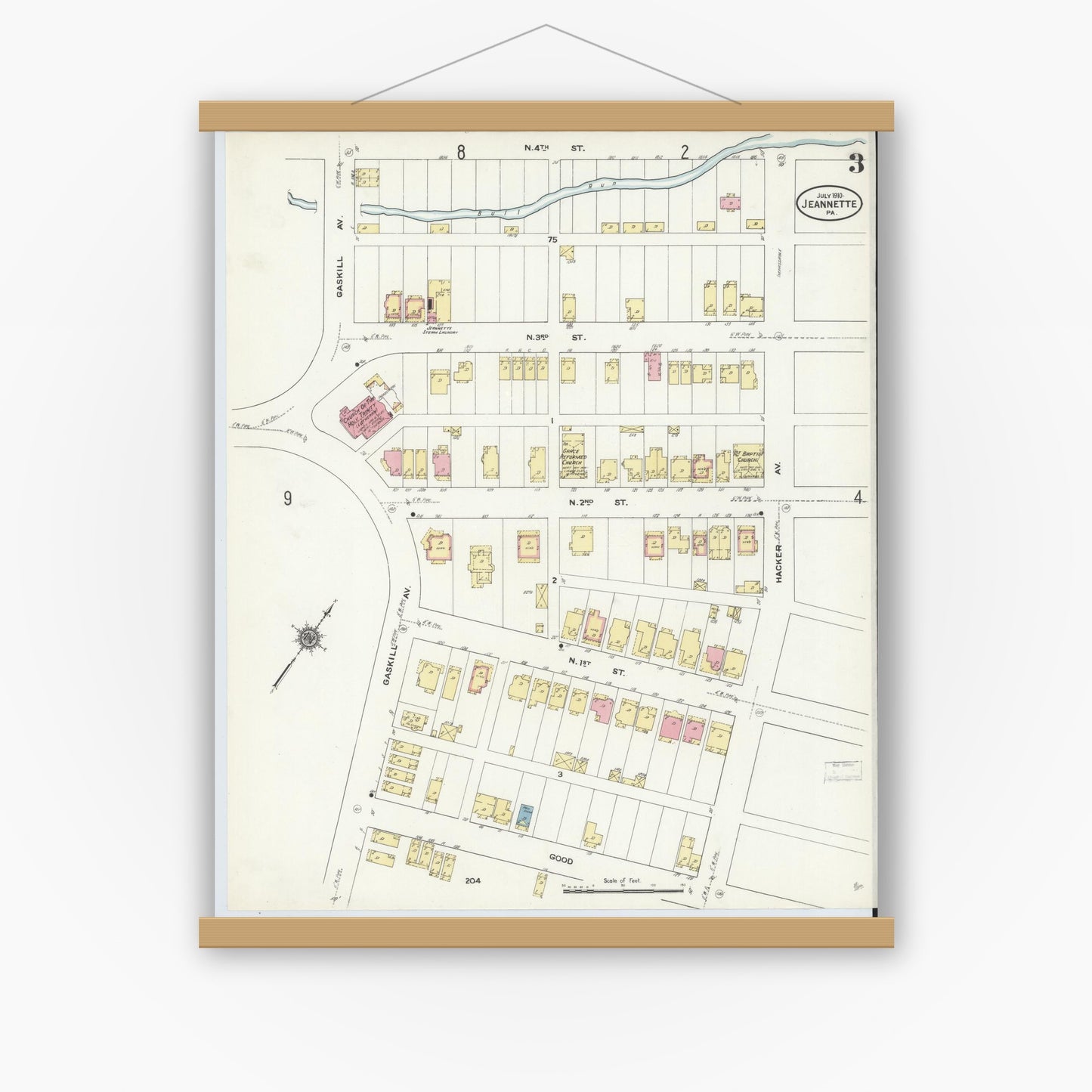 Old map wall art mockup — magnetic wood frame on white wall — Sanborn Fire Insurance Map from Jeannette, Westmoreland County, Pennsylvania (1910), Sheet #0003