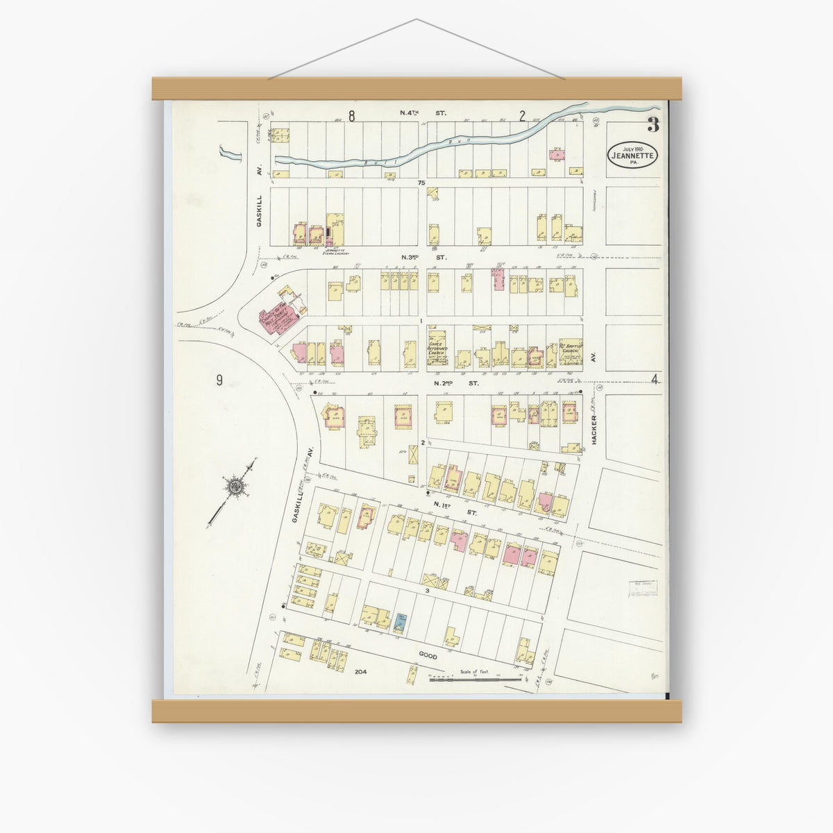 Old map wall art mockup — magnetic wood frame on white wall — Sanborn Fire Insurance Map from Jeannette, Westmoreland County, Pennsylvania (1910), Sheet #0003