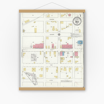 Old map wall art mockup — magnetic wood frame on white wall — Sanborn Fire Insurance Map from Mayo, Lafayette County, Florida (1917), Sheet #0001