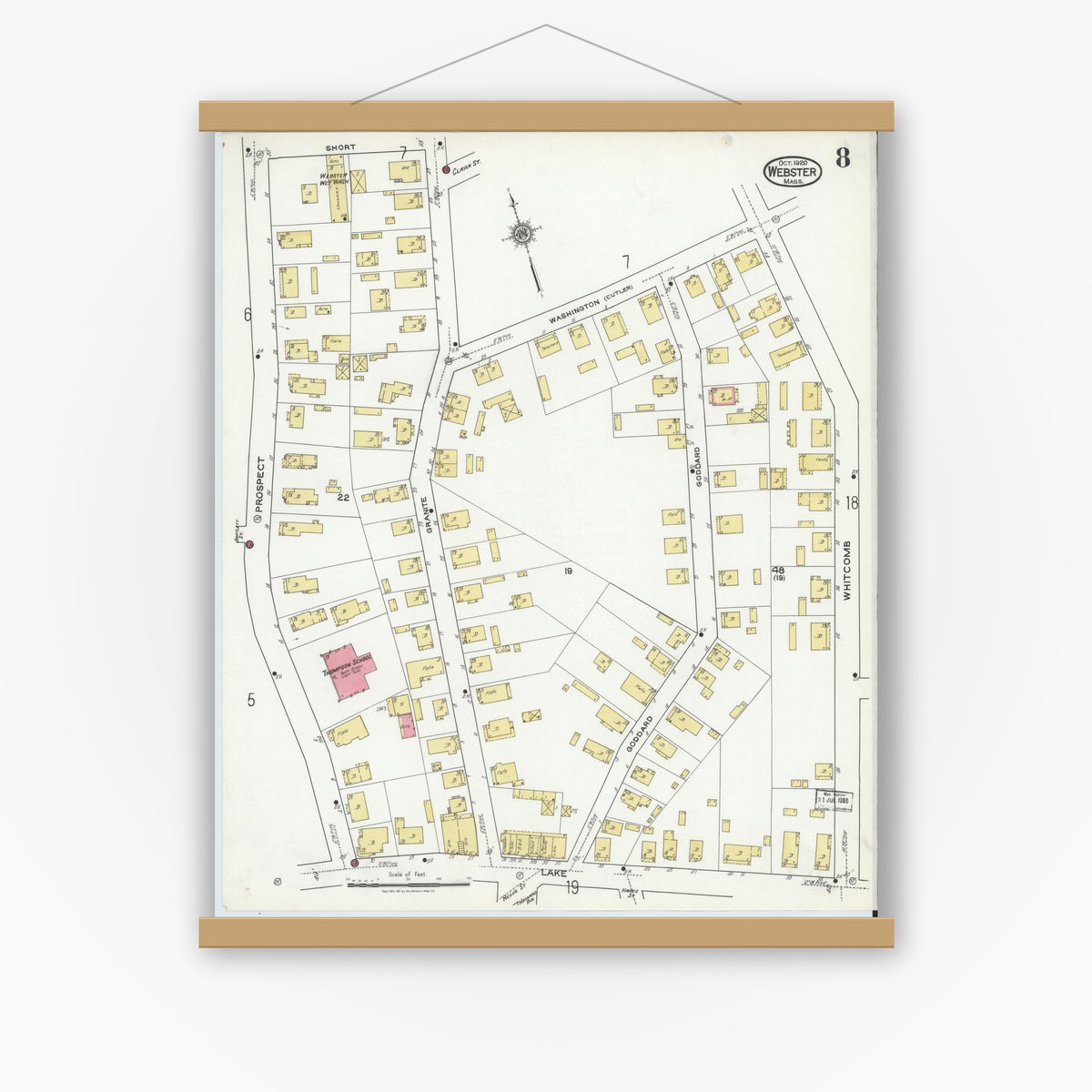 Old map wall art mockup — magnetic wood frame on white wall — Sanborn Fire Insurance Map from Webster, Worcester County, Massachusetts (1920), Sheet #0008