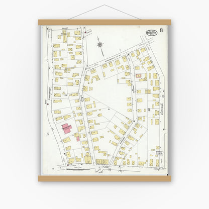 Old map wall art mockup — magnetic wood frame on white wall — Sanborn Fire Insurance Map from Webster, Worcester County, Massachusetts (1920), Sheet #0008