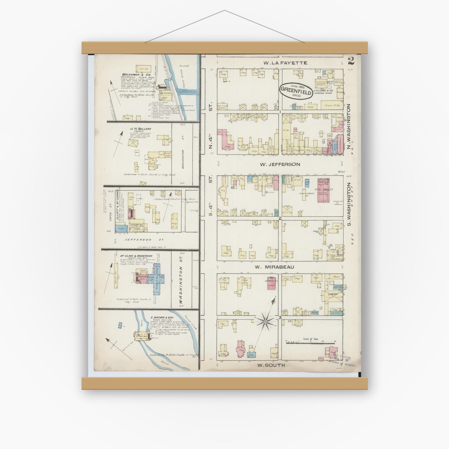 Old map wall art mockup — magnetic wood frame on white wall — Sanborn Fire Insurance Map from Greenfield, Highland County, Ohio (1885), Sheet #0002