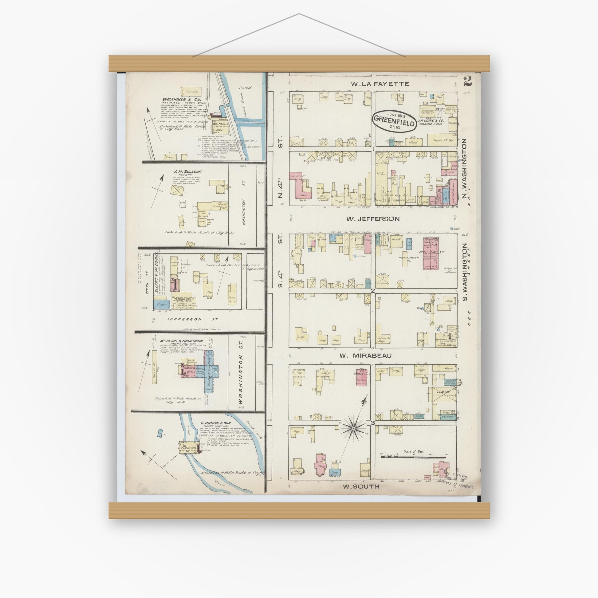 Old map wall art mockup — magnetic wood frame on white wall — Sanborn Fire Insurance Map from Greenfield, Highland County, Ohio (1885), Sheet #0002