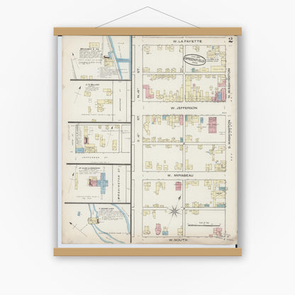 Old map wall art mockup — magnetic wood frame on white wall — Sanborn Fire Insurance Map from Greenfield, Highland County, Ohio (1885), Sheet #0002