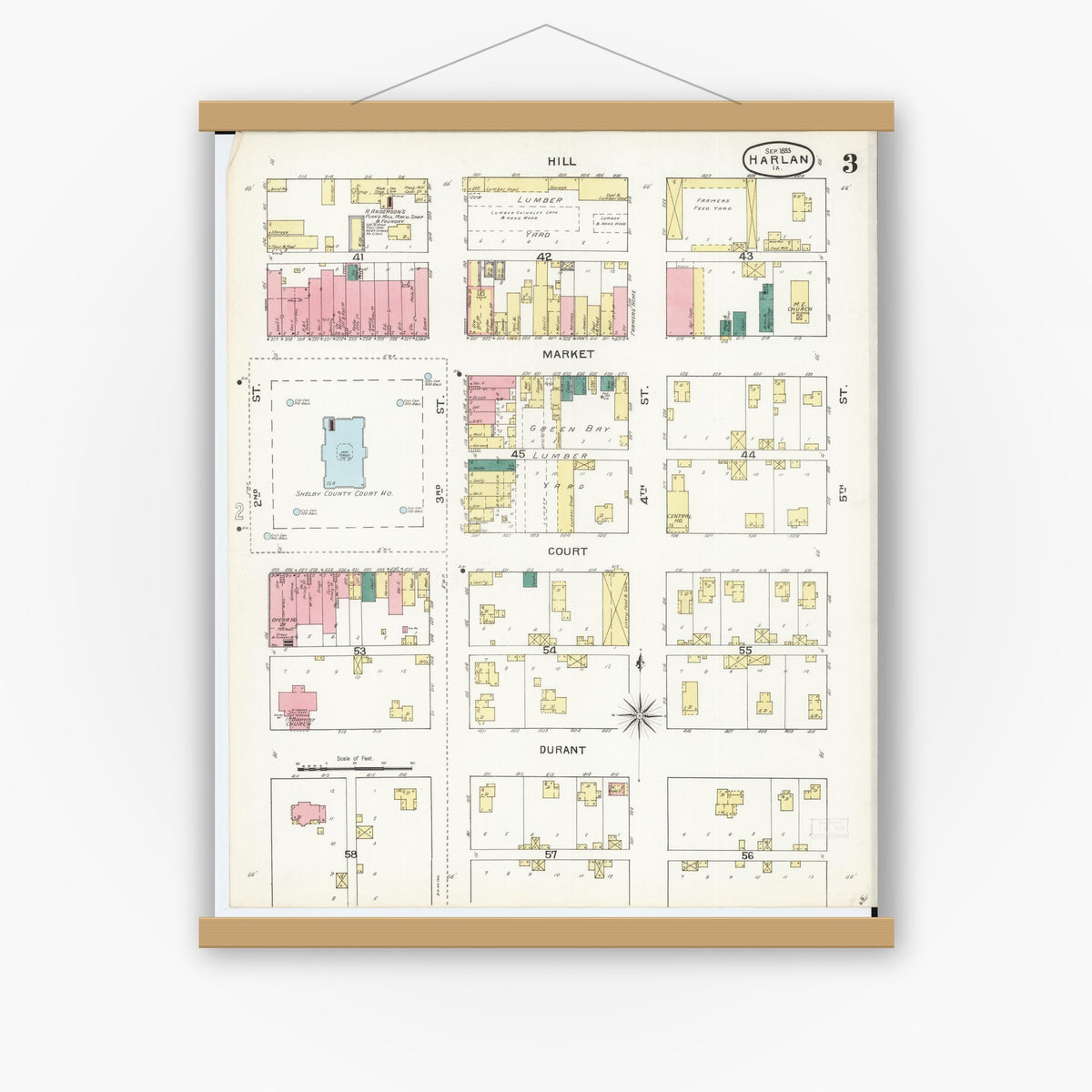 Old map wall art mockup — magnetic wood frame on white wall — Sanborn Fire Insurance Map from Harlan, Shelby County, Iowa (1893), Sheet #0003