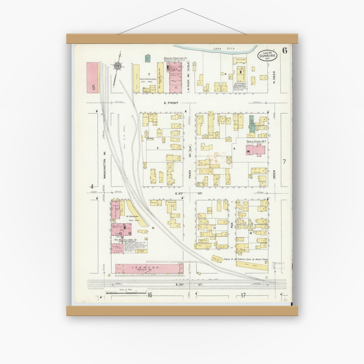 Old map wall art mockup — magnetic wood frame on white wall — Sanborn Fire Insurance Map from Dunkirk, Chautauqua County, New York (1910), Sheet #0006