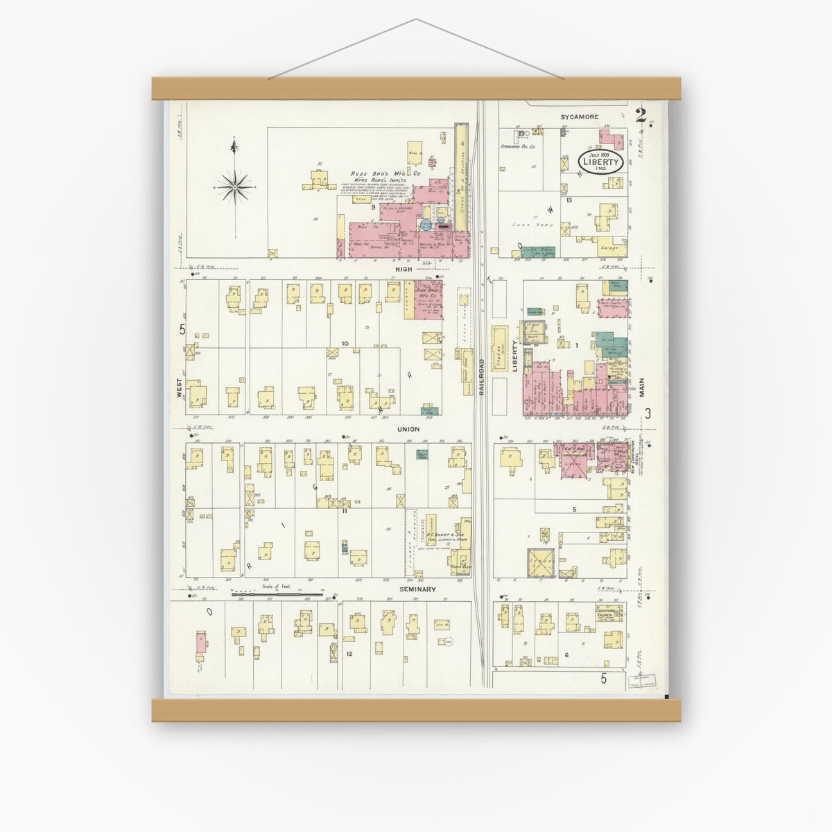 Old map wall art mockup — magnetic wood frame on white wall — Sanborn Fire Insurance Map from Liberty, Union County, Indiana (1909), Sheet #0002