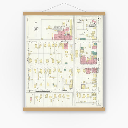 Old map wall art mockup — magnetic wood frame on white wall — Sanborn Fire Insurance Map from Liberty, Union County, Indiana (1909), Sheet #0002