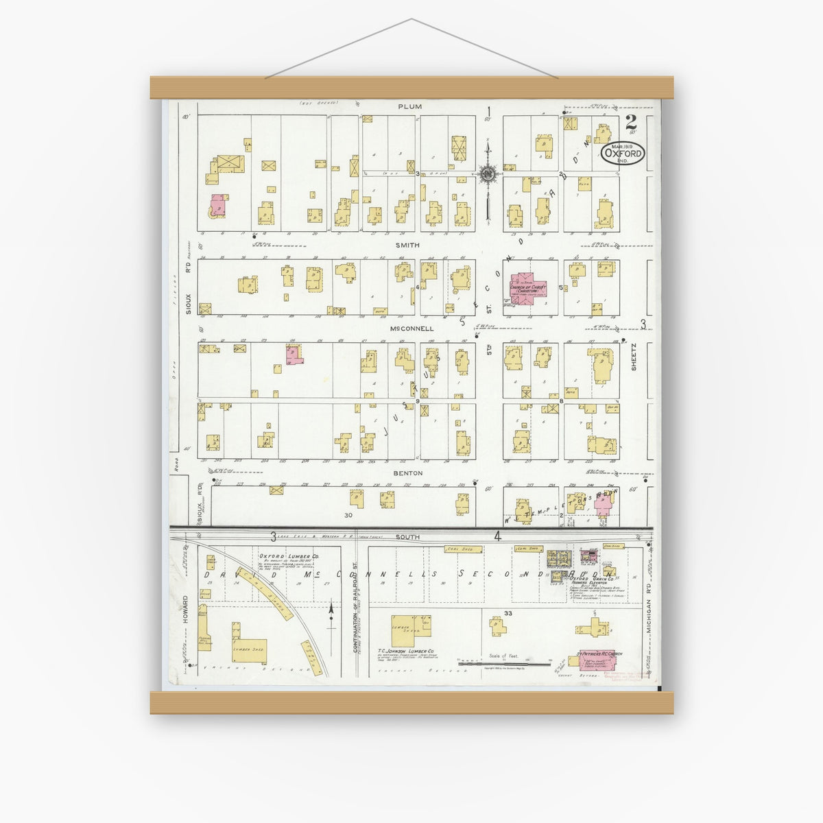 Old map wall art mockup — magnetic wood frame on white wall — Sanborn Fire Insurance Map from Oxford, Benton County, Indiana (1919), Sheet #0002