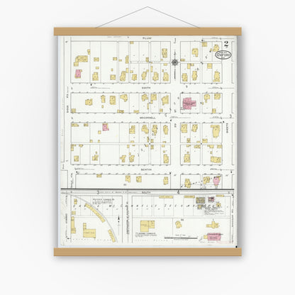 Old map wall art mockup — magnetic wood frame on white wall — Sanborn Fire Insurance Map from Oxford, Benton County, Indiana (1919), Sheet #0002