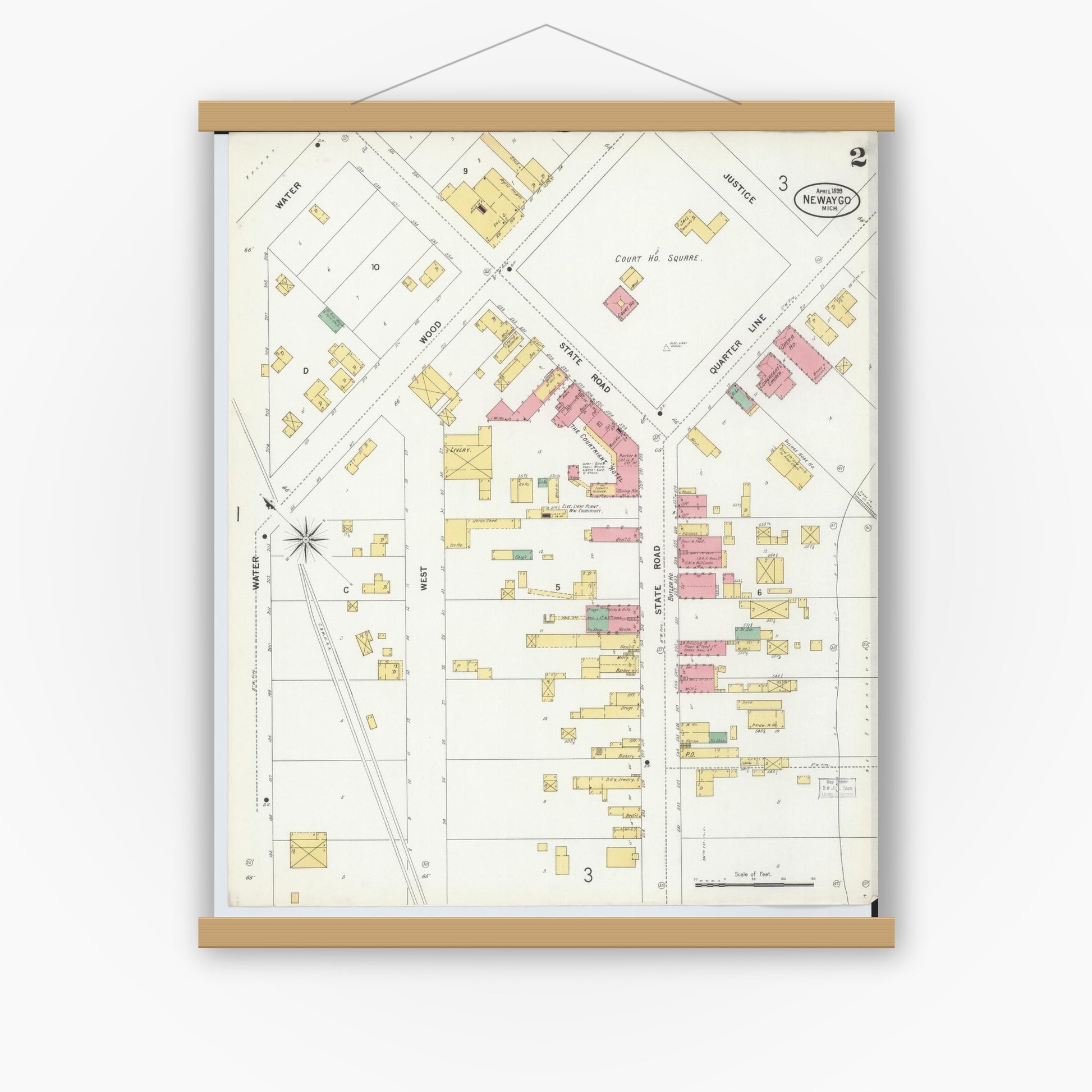 Old map wall art mockup — magnetic wood frame on white wall — Sanborn Fire Insurance Map from Newaygo, Newaygo County, Michigan (1899), Sheet #0002