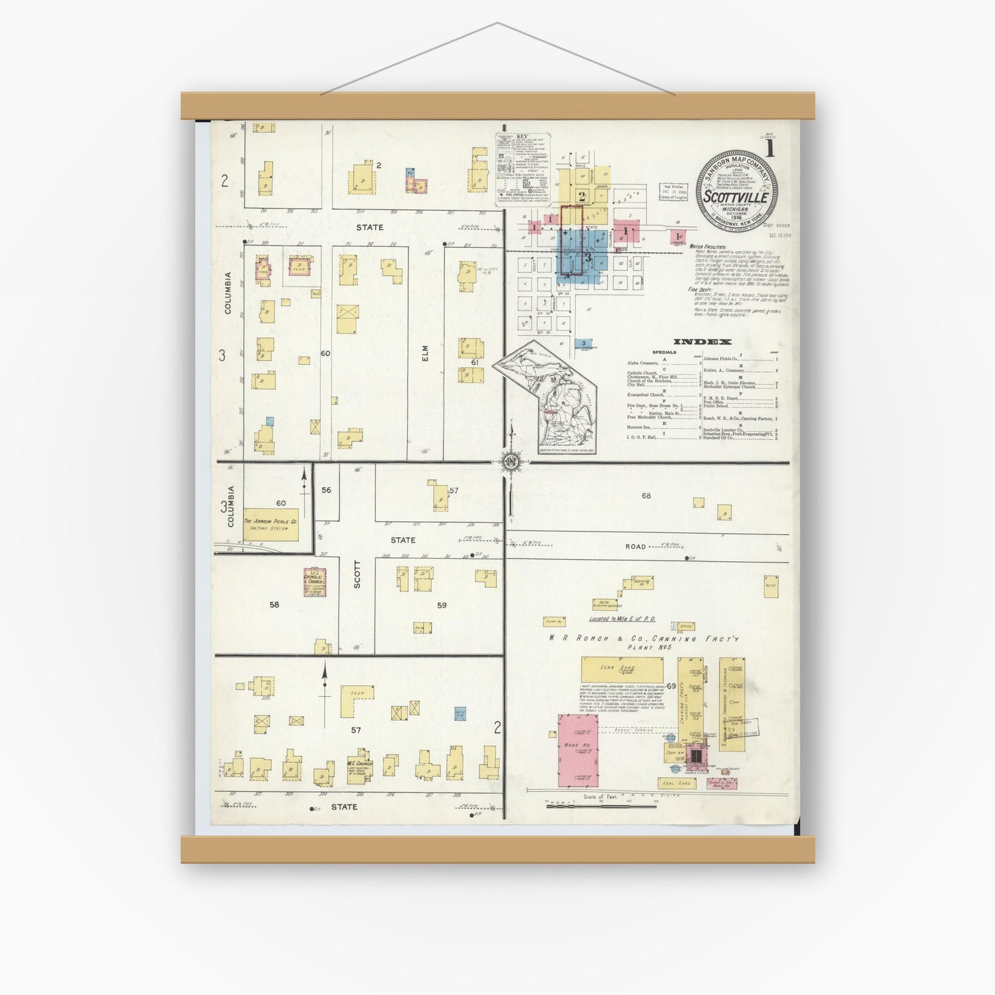 Old map wall art mockup — magnetic wood frame on white wall — Sanborn Fire Insurance Map from Scottville, Mason County, Michigan (1916) - Complete Map Set