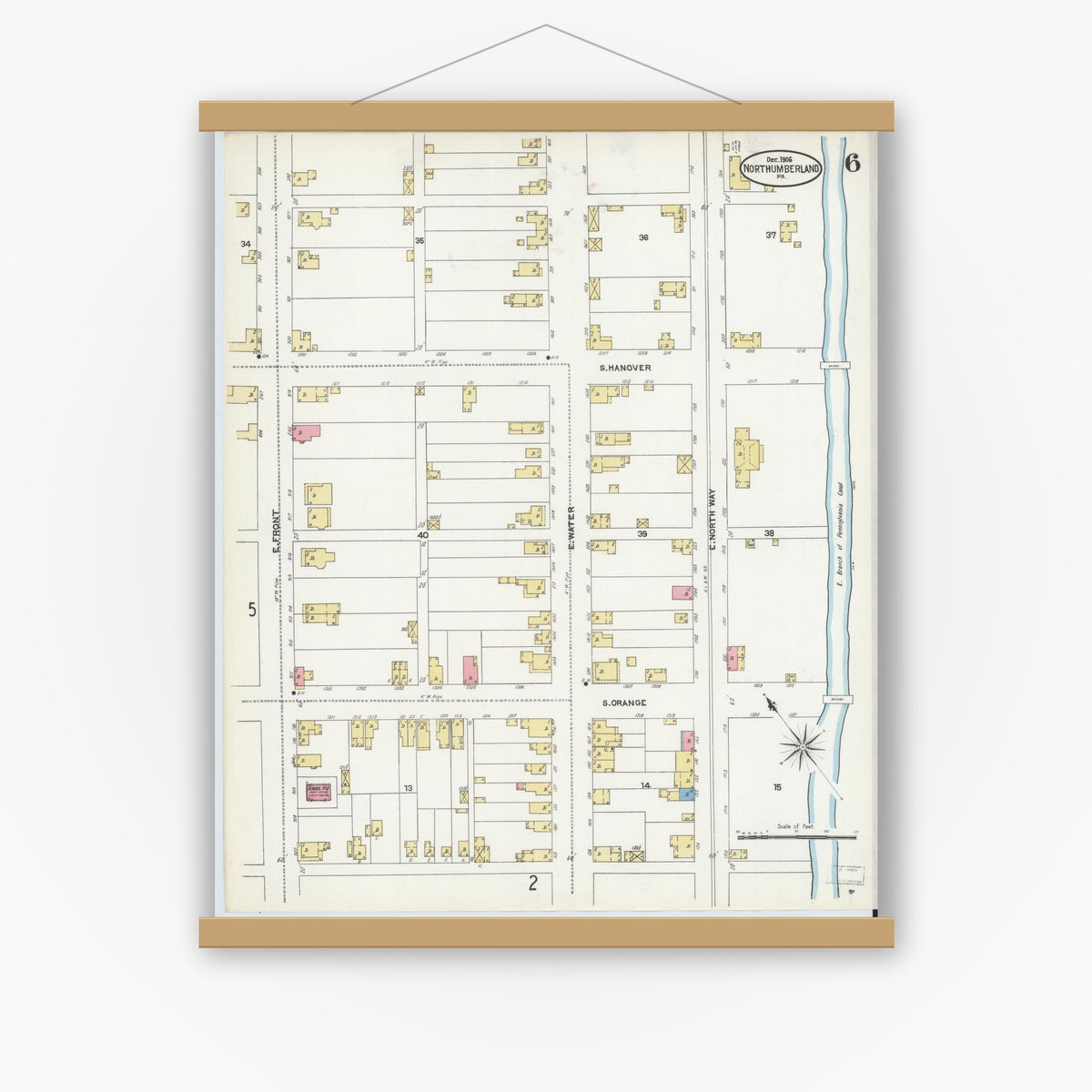 Old map wall art mockup — magnetic wood frame on white wall — Sanborn Fire Insurance Map from Northumberland, Northumberland County, Pennsylvania (1906), Sheet #0006