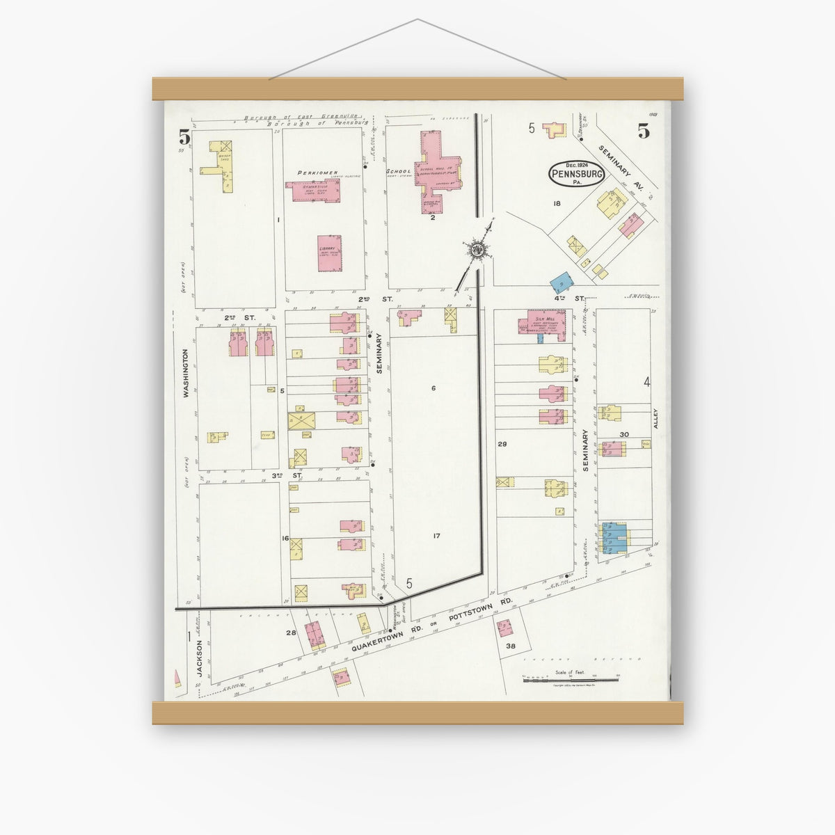 Old map wall art mockup — magnetic wood frame on white wall — Sanborn Fire Insurance Map from Pennsburg, Montgomery County, Pennsylvania (1924), Sheet #0005