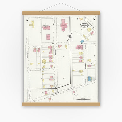 Old map wall art mockup — magnetic wood frame on white wall — Sanborn Fire Insurance Map from Pennsburg, Montgomery County, Pennsylvania (1924), Sheet #0005