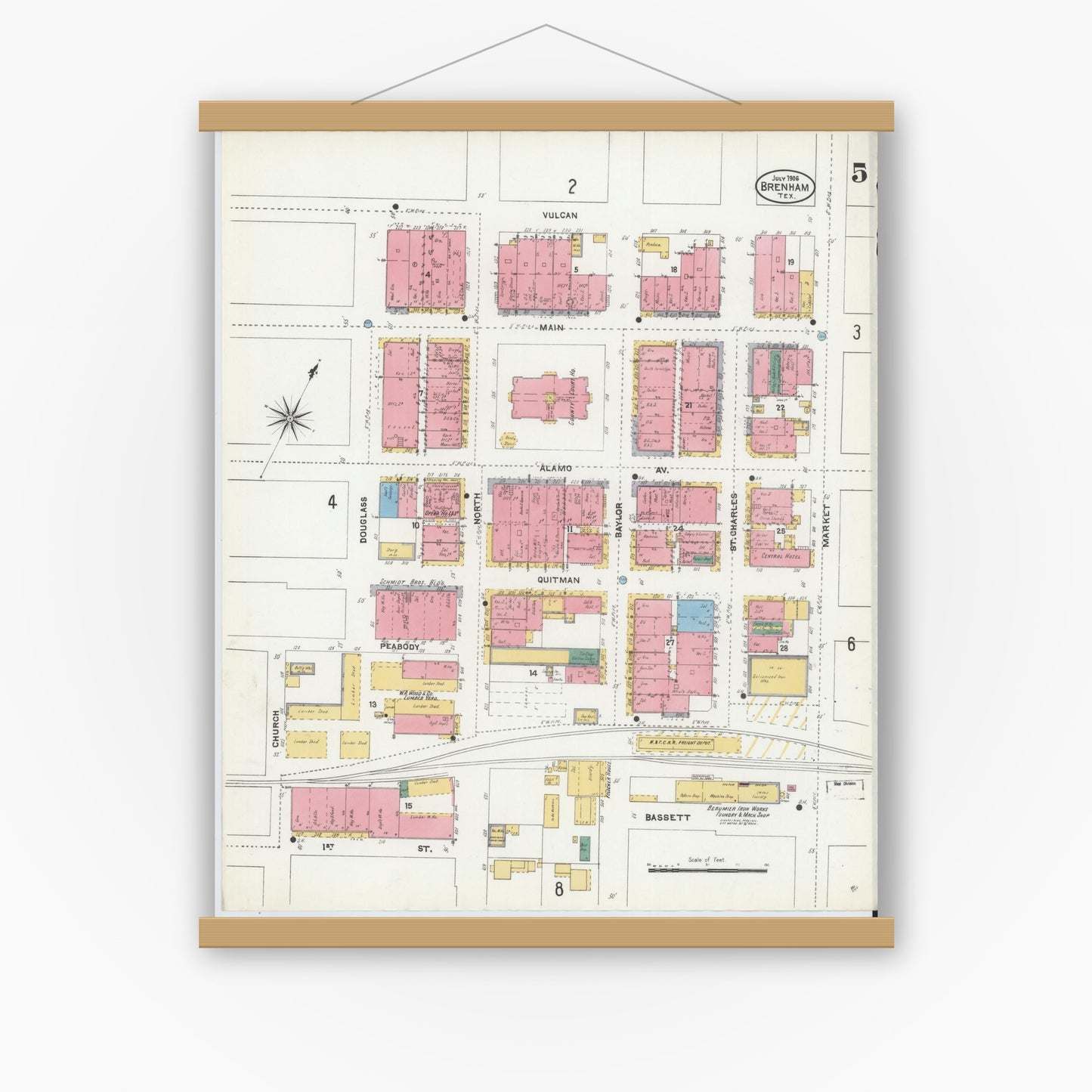 Old map wall art mockup — magnetic wood frame on white wall — Sanborn Fire Insurance Map from Brenham, Washington County, Texas (1906), Sheet #0005