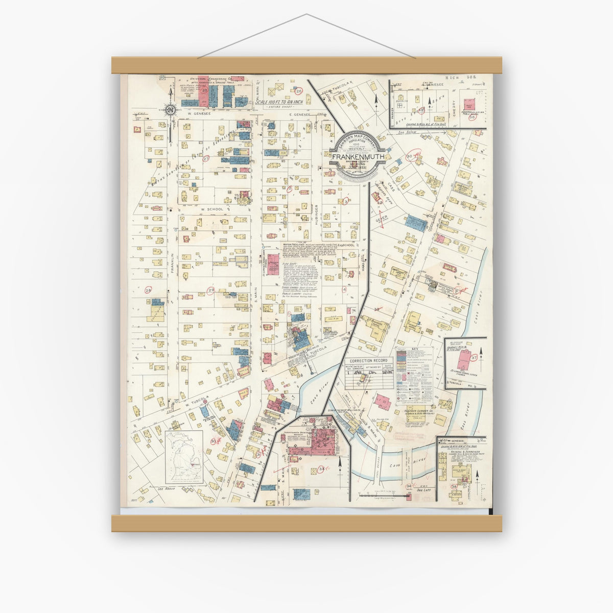 Old map wall art mockup — magnetic wood frame on white wall — Sanborn Fire Insurance Map from Frankenmuth, Saginaw County, Michigan (1942), Sheet #0001