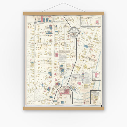 Old map wall art mockup — magnetic wood frame on white wall — Sanborn Fire Insurance Map from Frankenmuth, Saginaw County, Michigan (1942), Sheet #0001