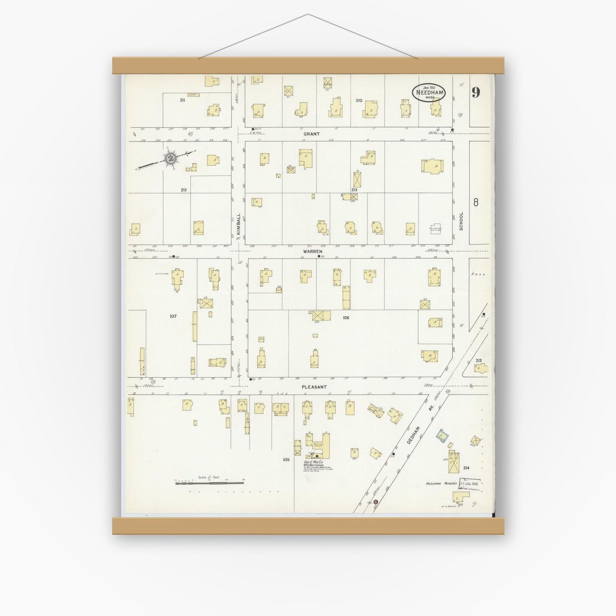 Old map wall art mockup — magnetic wood frame on white wall — Sanborn Fire Insurance Map from Needham, Norfolk County, Massachusetts (1912), Sheet #0009