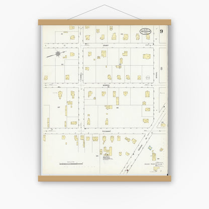 Old map wall art mockup — magnetic wood frame on white wall — Sanborn Fire Insurance Map from Needham, Norfolk County, Massachusetts (1912), Sheet #0009