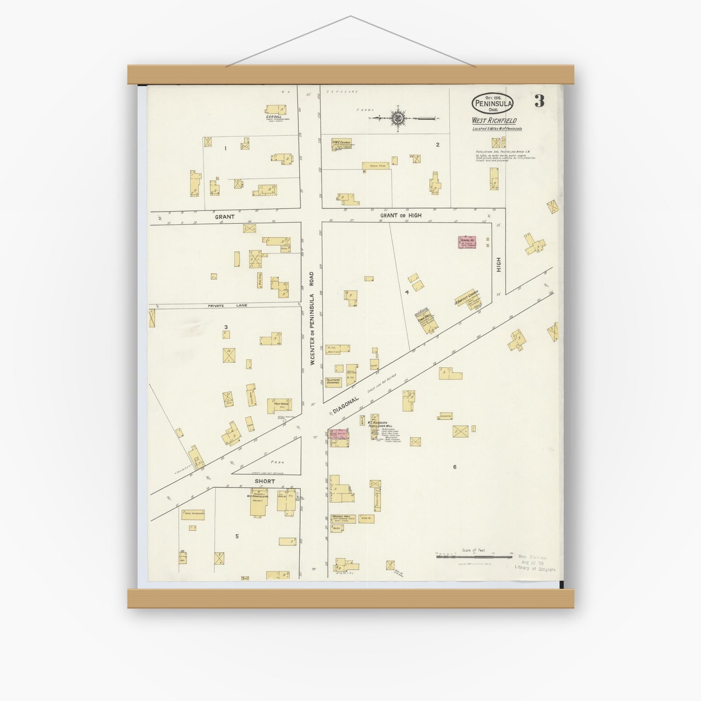 Old map wall art mockup — magnetic wood frame on white wall — Sanborn Fire Insurance Map from Peninsula, Summit County, Ohio (1916), Sheet #0003