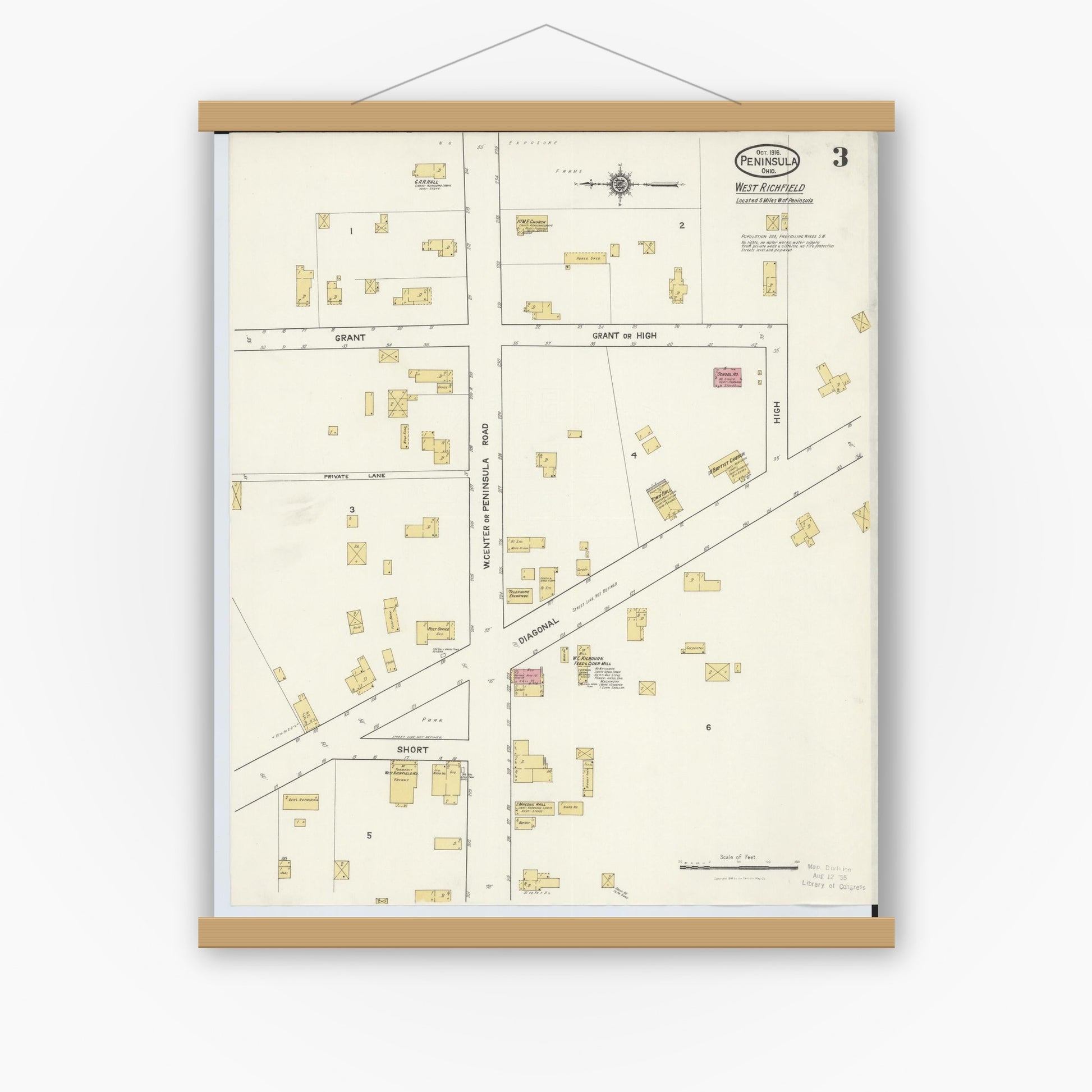 Old map wall art mockup — magnetic wood frame on white wall — Sanborn Fire Insurance Map from Peninsula, Summit County, Ohio (1916), Sheet #0003
