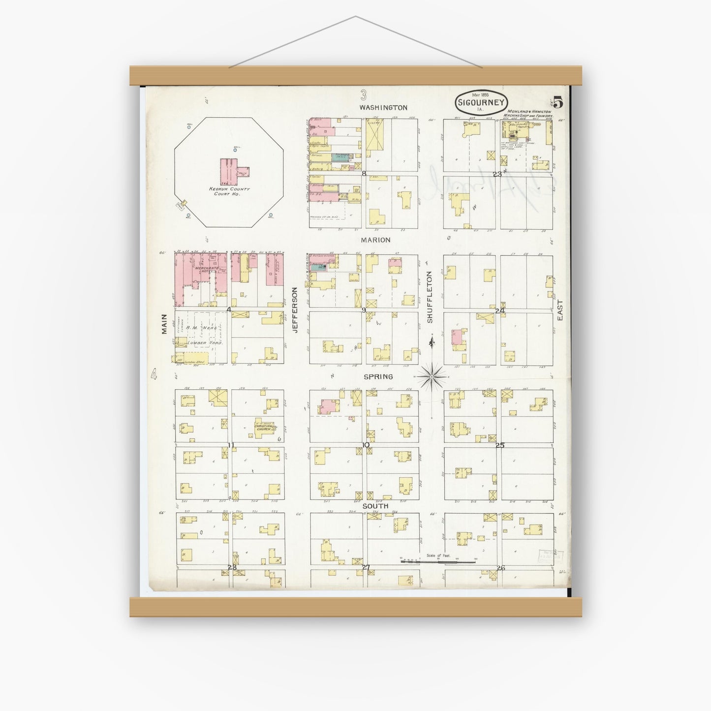 Old map wall art mockup — magnetic wood frame on white wall — Sanborn Fire Insurance Map from Sigourney, Kiokuk County, Iowa (1893), Sheet #0005