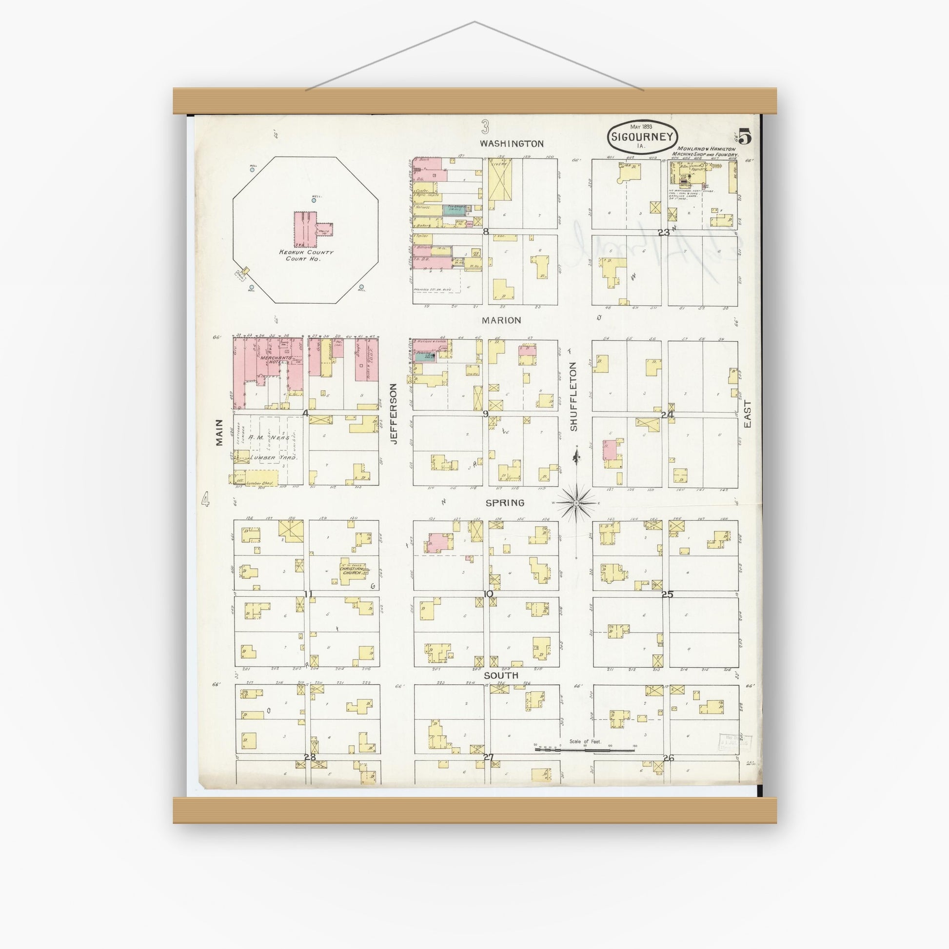 Old map wall art mockup — magnetic wood frame on white wall — Sanborn Fire Insurance Map from Sigourney, Kiokuk County, Iowa (1893), Sheet #0005