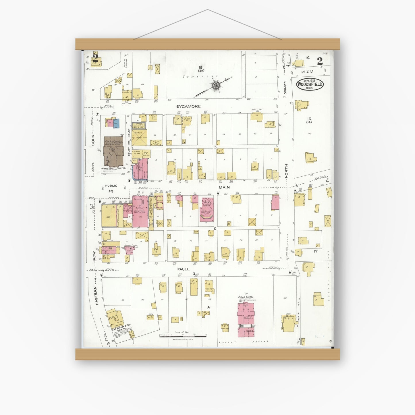 Old map wall art mockup — magnetic wood frame on white wall — Sanborn Fire Insurance Map from Woodsfield, Monroe County, Ohio (1923), Sheet #0002