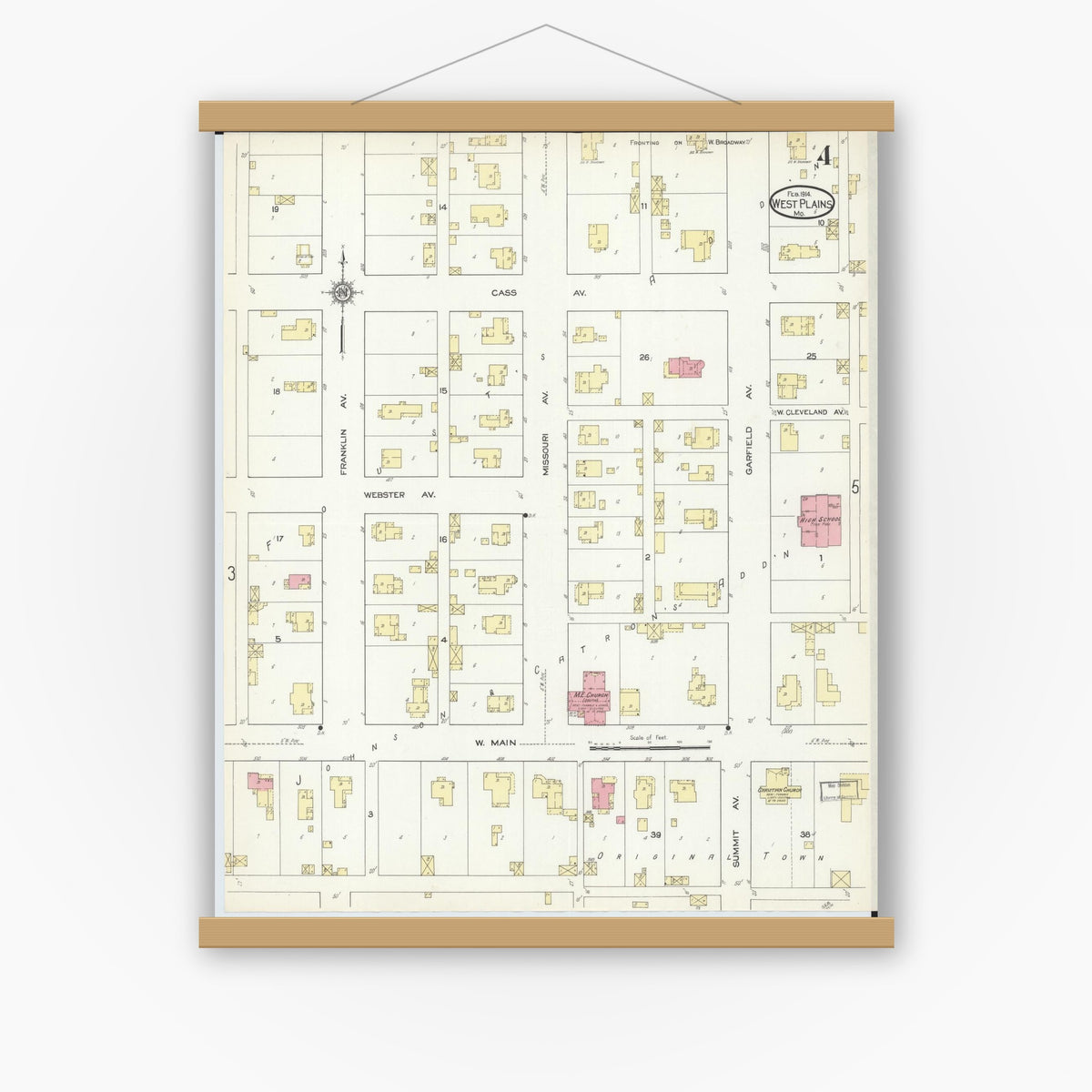 Old map wall art mockup — magnetic wood frame on white wall — Sanborn Fire Insurance Map from West Plains, Howell County, Missouri (1914), Sheet #0004