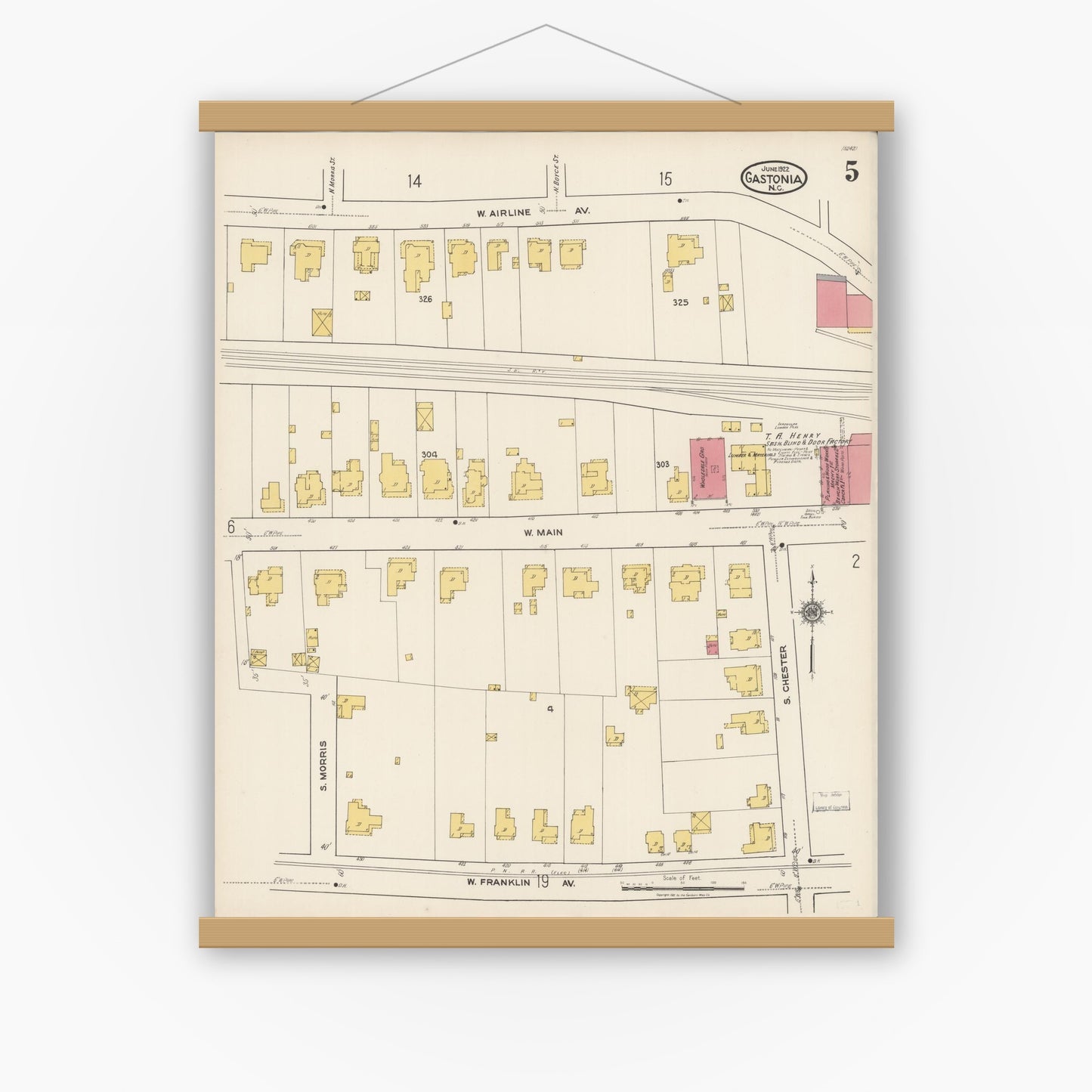 Old map wall art mockup — magnetic wood frame on white wall — Sanborn Fire Insurance Map from Gastonia, Gaston County, North Carolina (1922), Sheet #0005