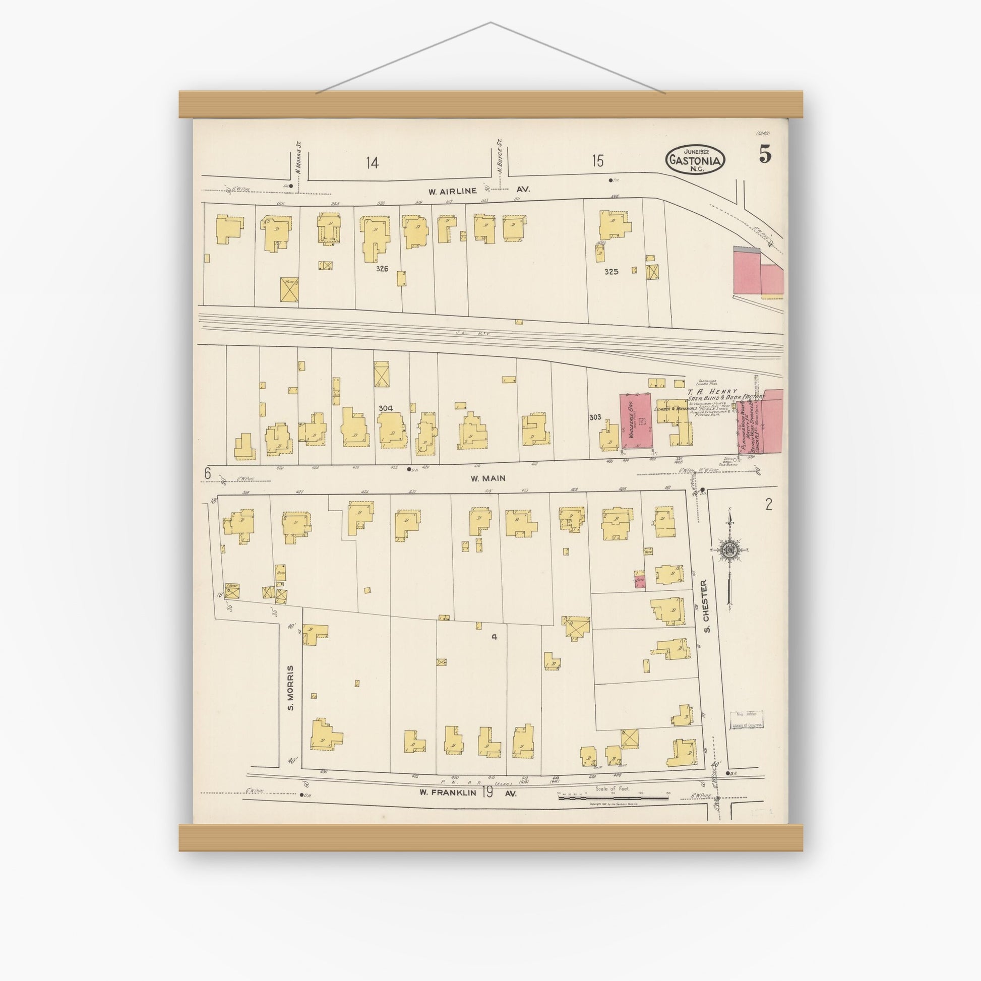 Old map wall art mockup — magnetic wood frame on white wall — Sanborn Fire Insurance Map from Gastonia, Gaston County, North Carolina (1922), Sheet #0005