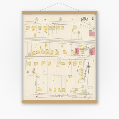 Old map wall art mockup — magnetic wood frame on white wall — Sanborn Fire Insurance Map from Gastonia, Gaston County, North Carolina (1922), Sheet #0005