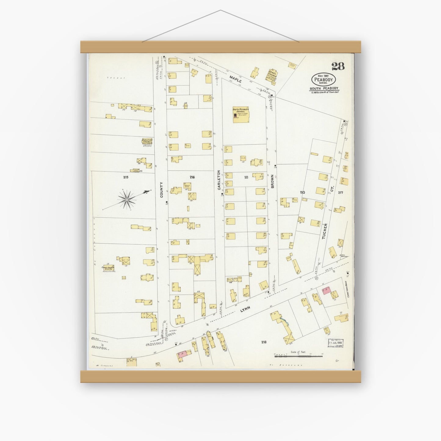 Old map wall art mockup — magnetic wood frame on white wall — Sanborn Fire Insurance Map from Peabody, Essex County, Massachusetts (1907), Sheet #0028