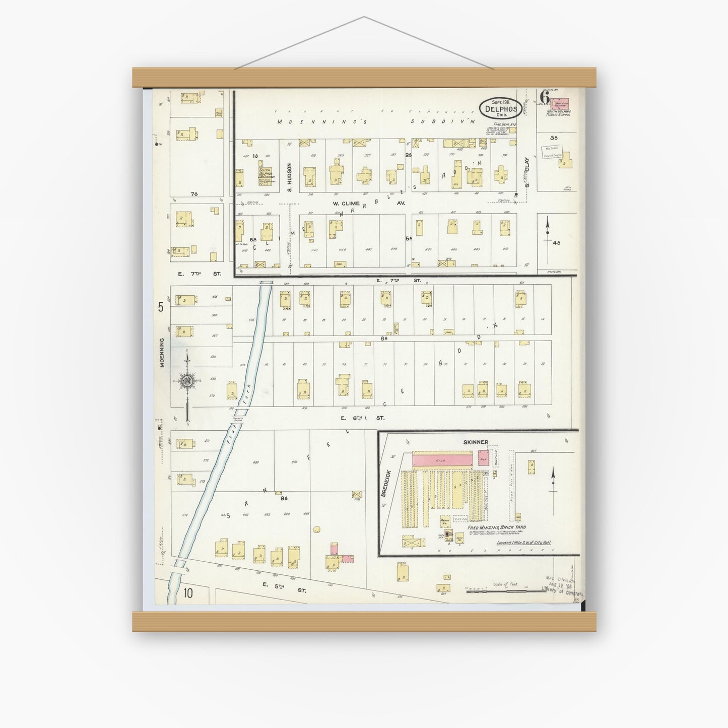 Old map wall art mockup — magnetic wood frame on white wall — Sanborn Fire Insurance Map from Delphos, Van Wert And Allen Counties, Ohio (1911), Sheet #0006