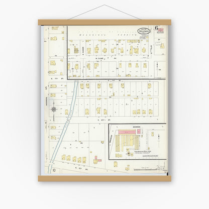 Old map wall art mockup — magnetic wood frame on white wall — Sanborn Fire Insurance Map from Delphos, Van Wert And Allen Counties, Ohio (1911), Sheet #0006