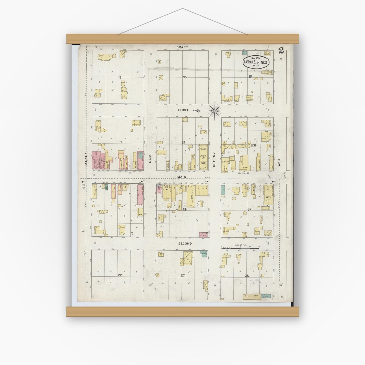 Old map wall art mockup — magnetic wood frame on white wall — Sanborn Fire Insurance Map from Cedar Springs, Kent County, Michigan (1894), Sheet #0002