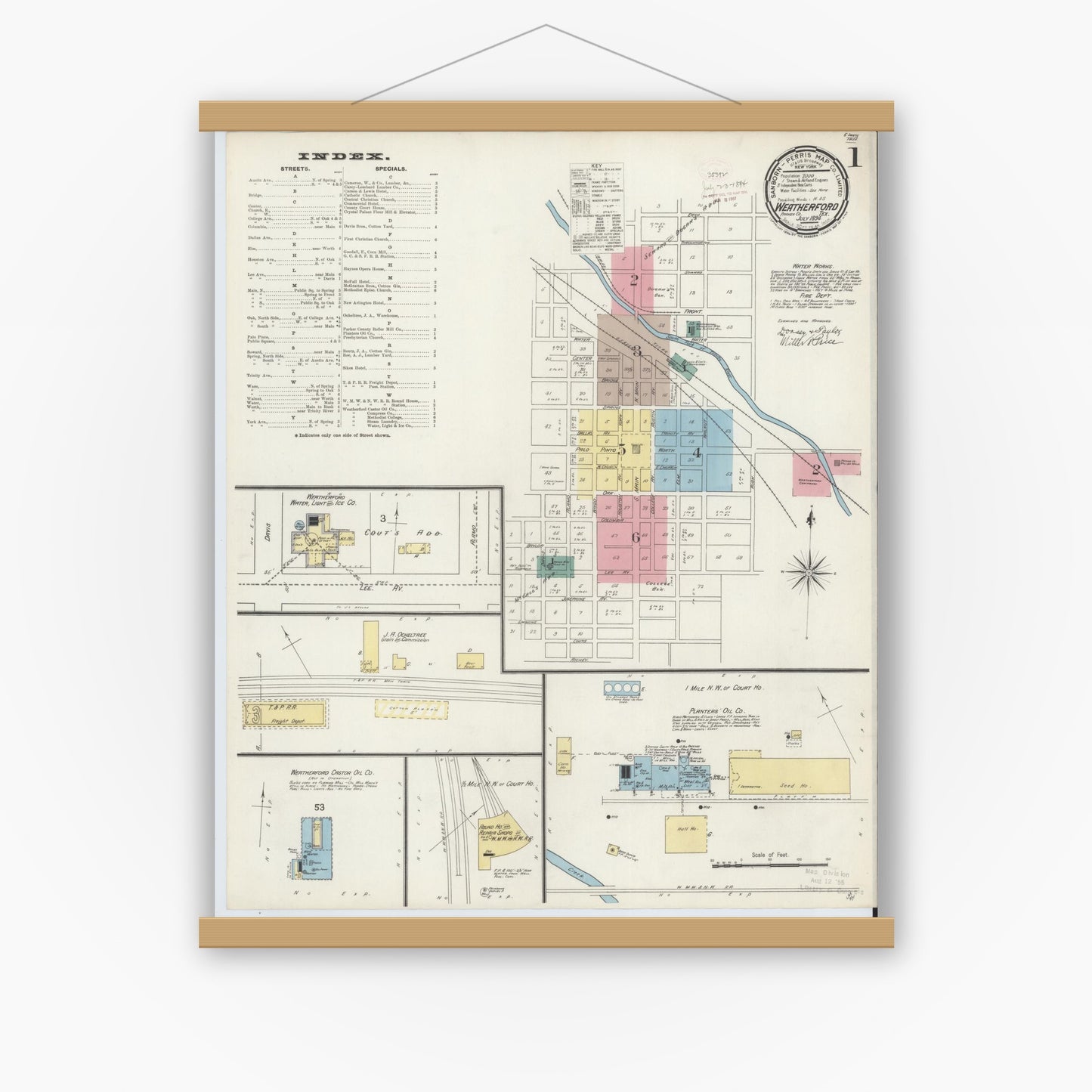 Old map wall art mockup — magnetic wood frame on white wall — Sanborn Fire Insurance Map from Weatherford, Parker County, Texas (1894), Sheet #0001