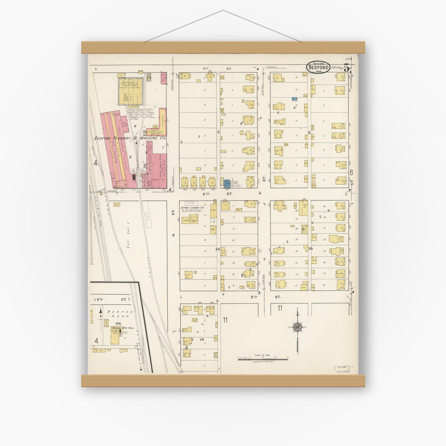 Old map wall art mockup — magnetic wood frame on white wall — Sanborn Fire Insurance Map from Bedford, Lawrence County, Indiana (1922), Sheet #0005