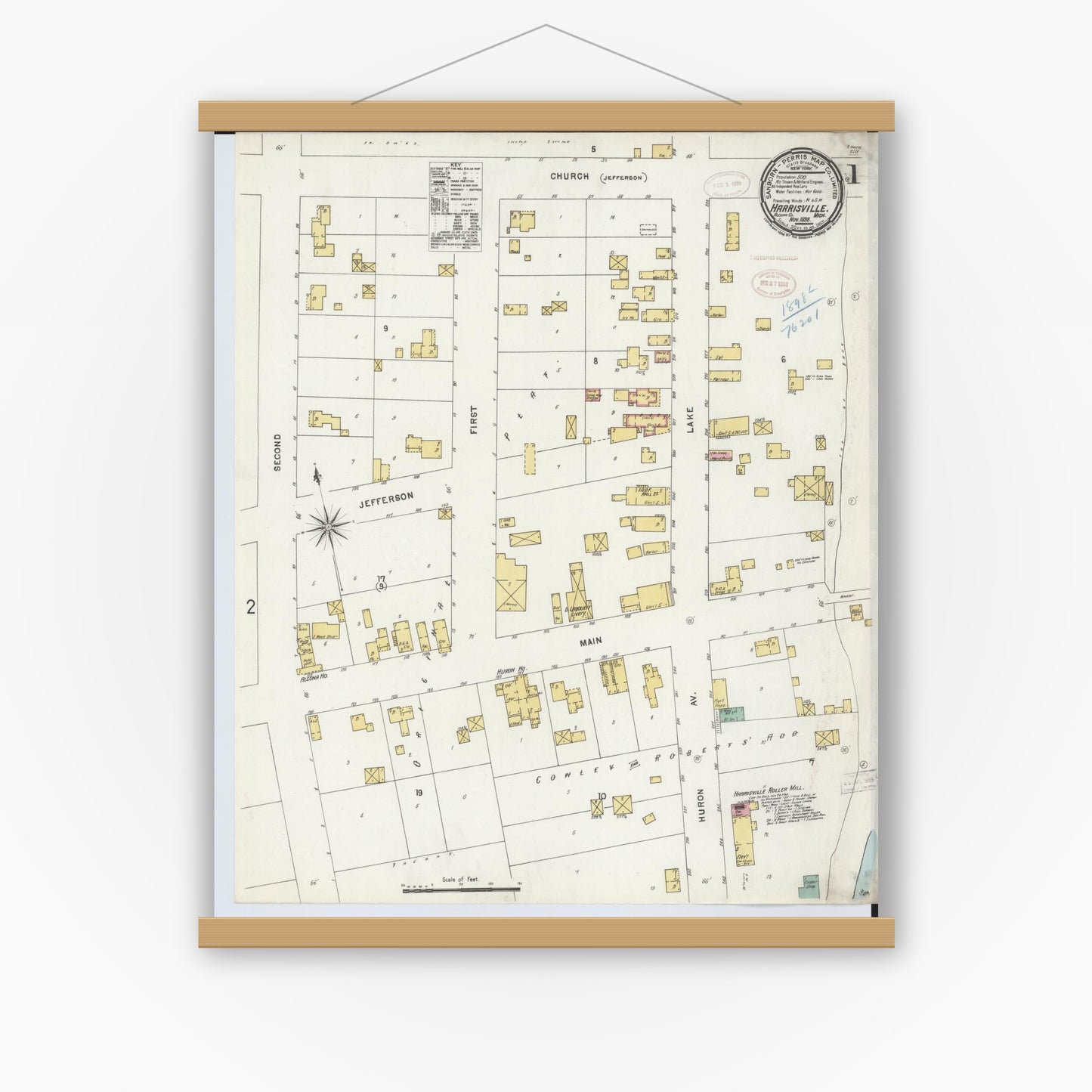 Old map wall art mockup — magnetic wood frame on white wall — Sanborn Fire Insurance Map from Harrisville, Alcona County, Michigan (1898), Sheet #0001