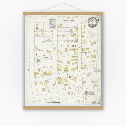 Old map wall art mockup — magnetic wood frame on white wall — Sanborn Fire Insurance Map from Harrisville, Alcona County, Michigan (1898), Sheet #0001