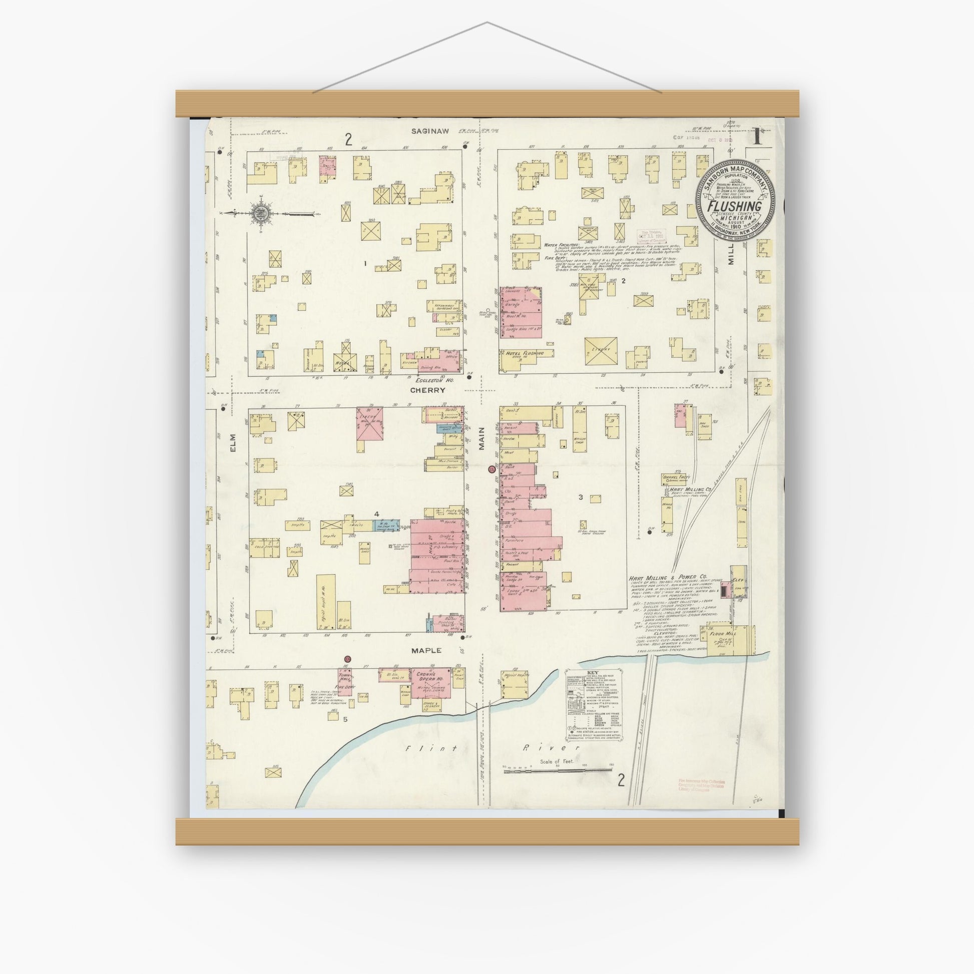 Old map wall art mockup — magnetic wood frame on white wall — Sanborn Fire Insurance Map from Flushing, Genesee County, Michigan (1910) - Complete Map Set