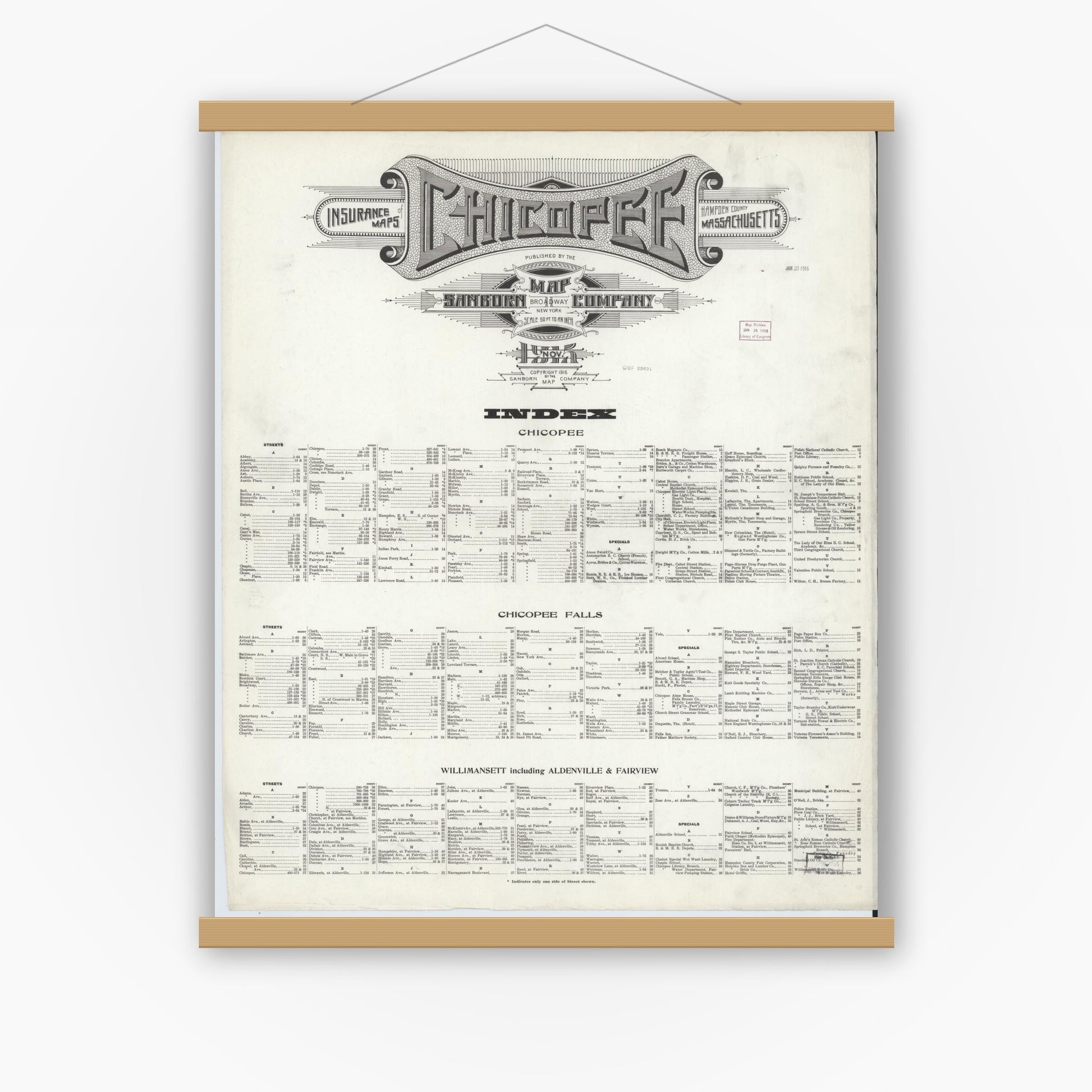 Old map wall art mockup — magnetic wood frame on white wall — Sanborn Fire Insurance Map from Chicopee, Hampden County, Massachusetts (1915), Sheet #0001