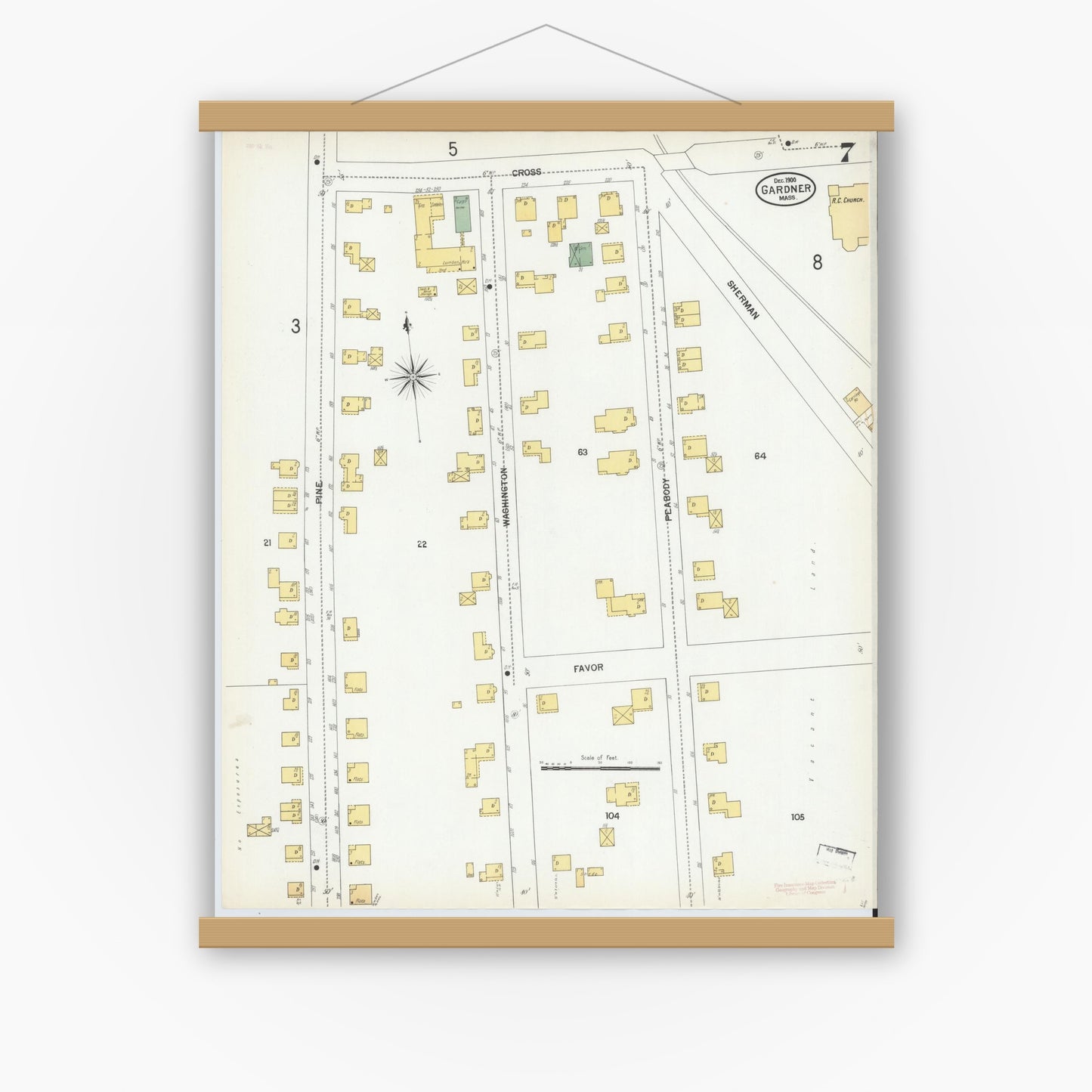Old map wall art mockup — magnetic wood frame on white wall — Sanborn Fire Insurance Map from Gardner, Worcester County, Massachusetts (1900), Sheet #0007