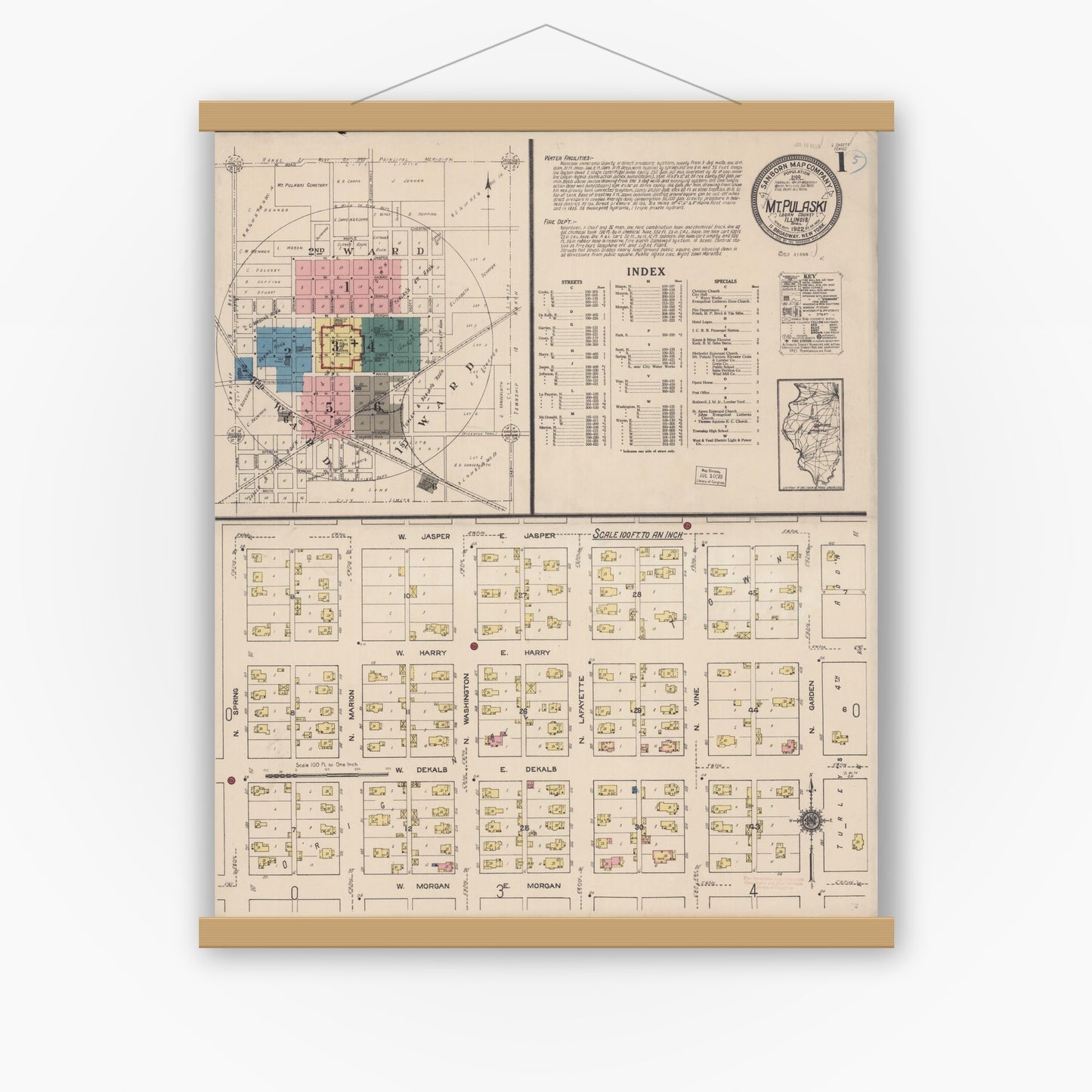 Old map wall art mockup — magnetic wood frame on white wall — Sanborn Fire Insurance Map from Mount Pulaski, Logan County, Illinois (1922), Sheet #0001