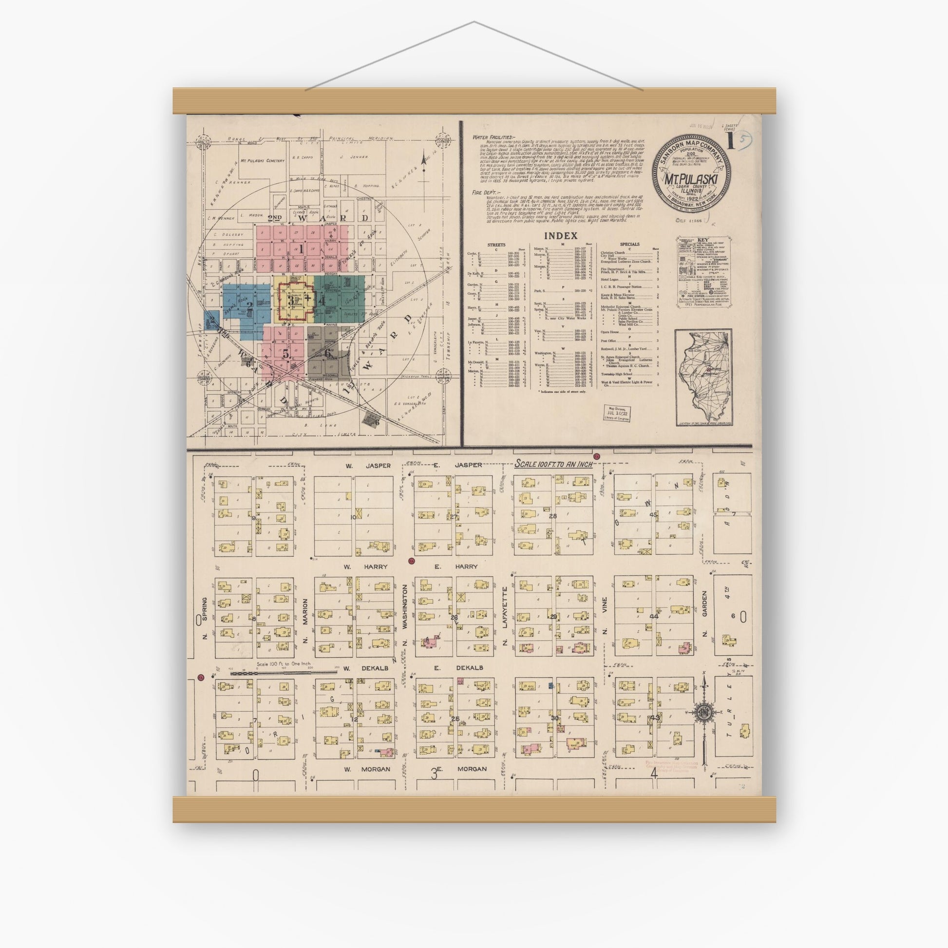 Old map wall art mockup — magnetic wood frame on white wall — Sanborn Fire Insurance Map from Mount Pulaski, Logan County, Illinois (1922), Sheet #0001