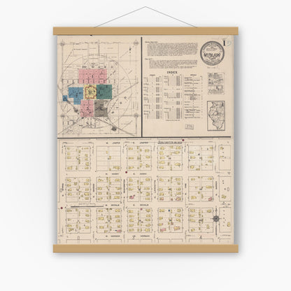 Old map wall art mockup — magnetic wood frame on white wall — Sanborn Fire Insurance Map from Mount Pulaski, Logan County, Illinois (1922), Sheet #0001